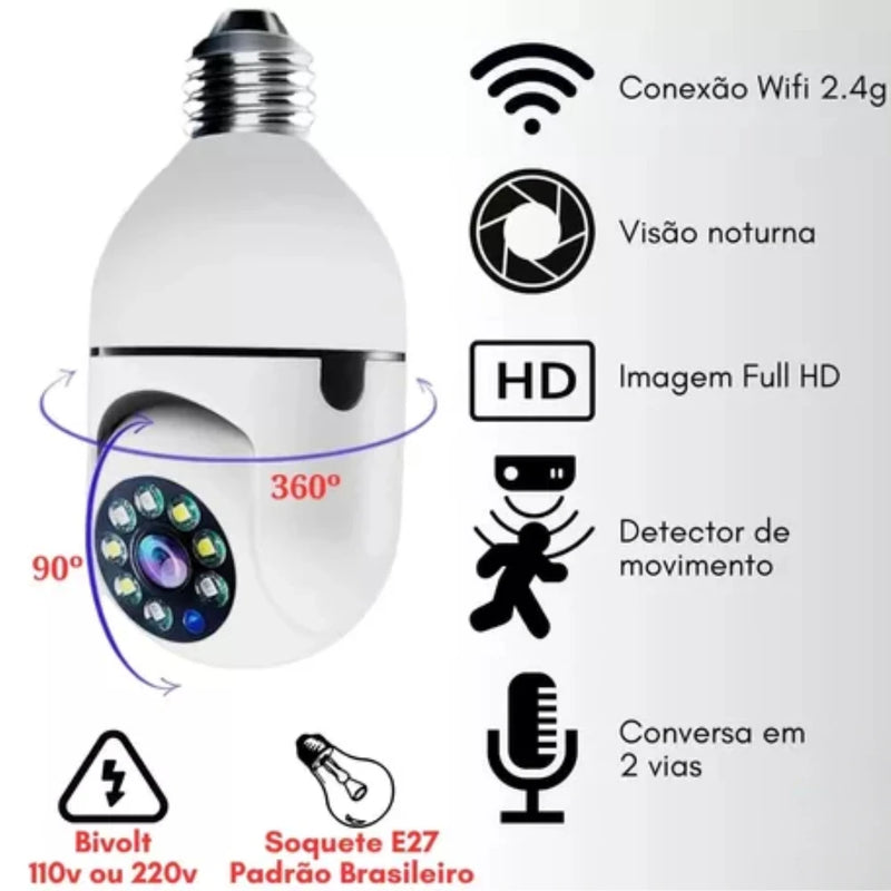 Câmera e Lâmpada de Segurança Wi-Fi Robô PTZ com Visão Noturna – Controle Total pelo Celular!
