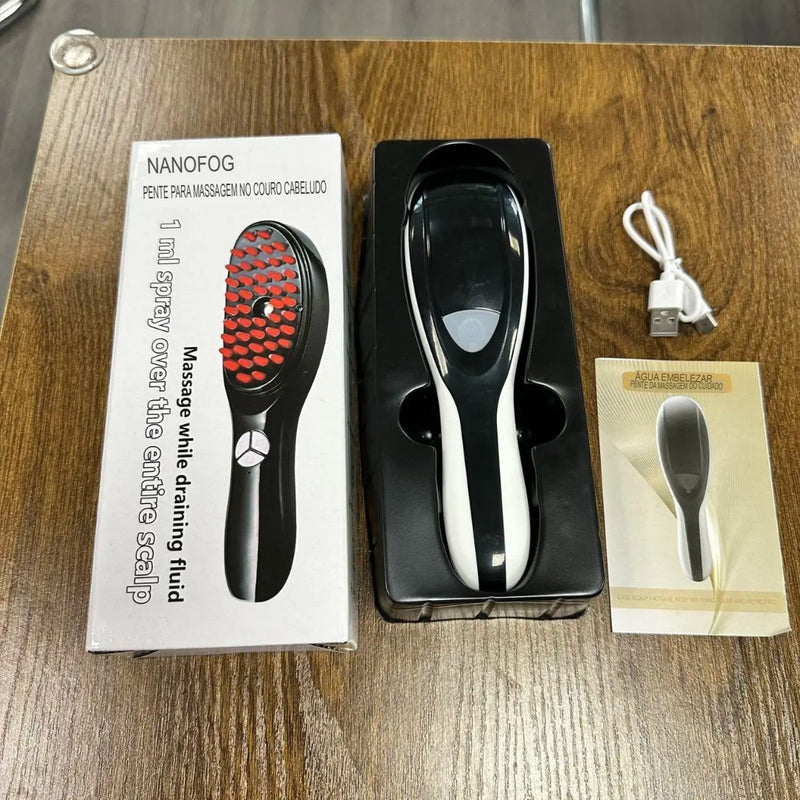 Pente Elétrico de Massagem Capilar 3 em 1 – Vibração, Luz Terapêutica e Nano Atomização